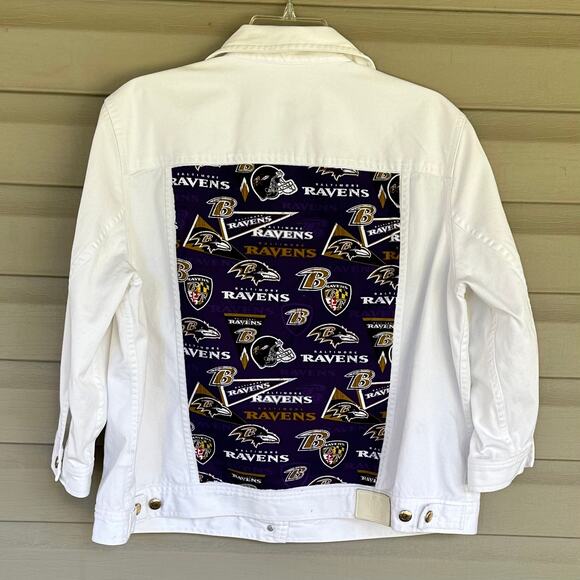 Upcycled White Denim Jacket Baltimore Ravens Size 1X - Picture 1 of 8
